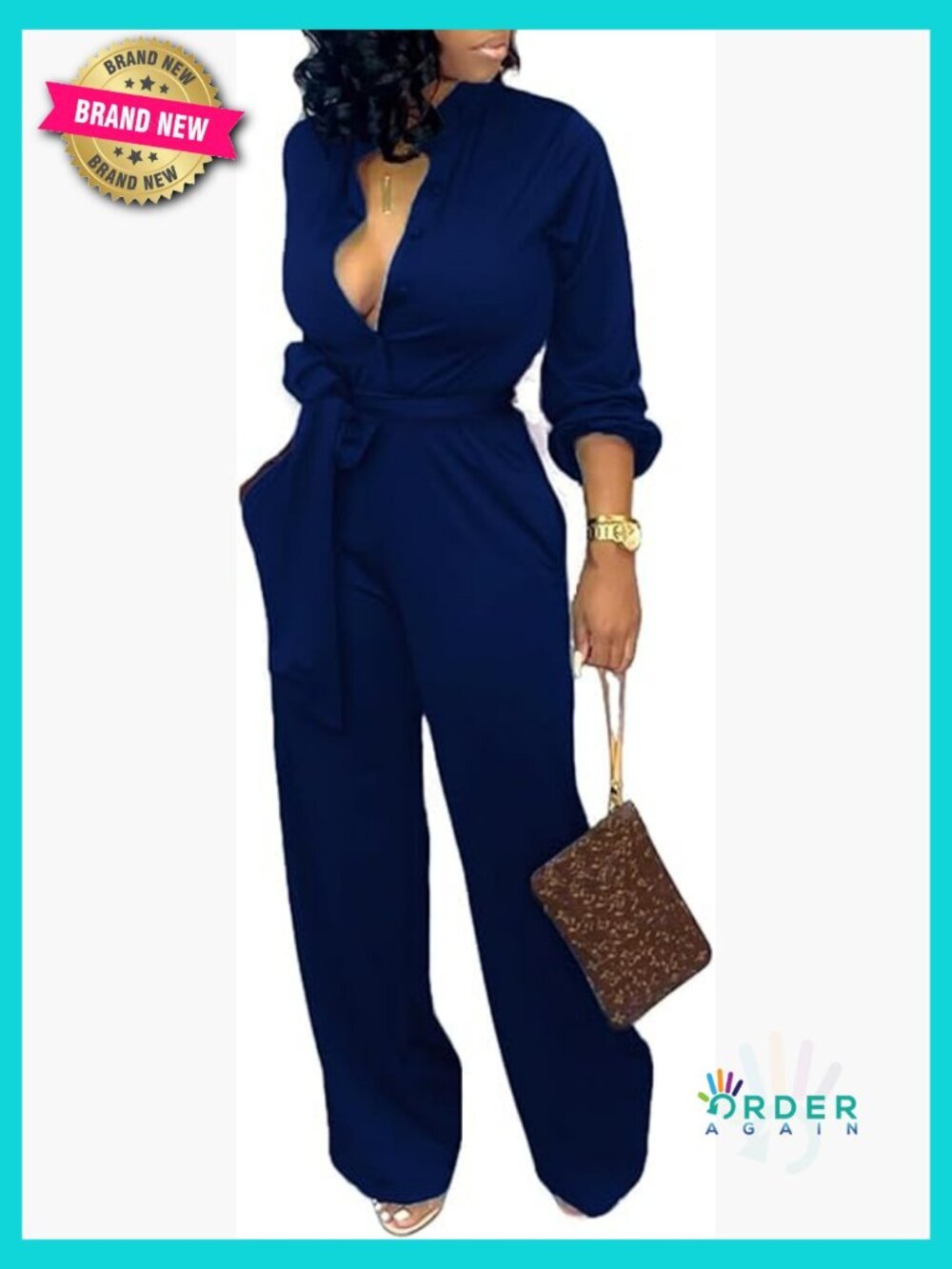 Elegant Formal Jumpsuit Long Sleeve Business Party Wear with Belt Pockets